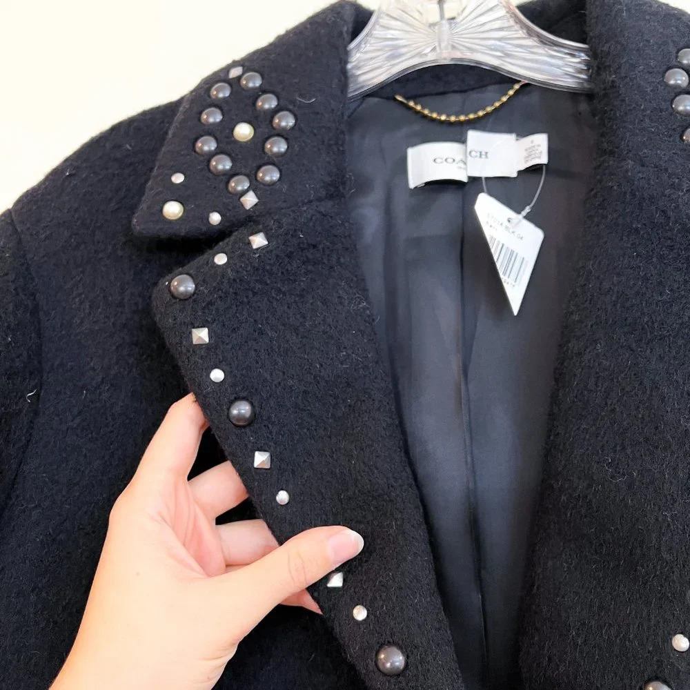 Coach Embellished Black Wool Blend Classic Long Collared Designer Trench Coat 4 - Picture 6 of 10